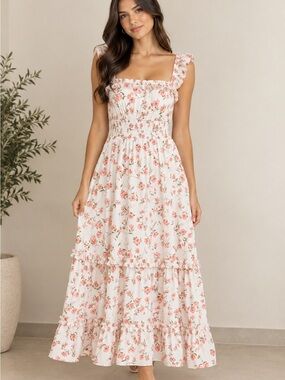 CeCe White Midi Dress with Coral Floral Print, size S.